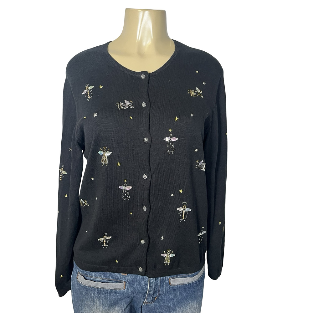 Vintage Lisa Z Sweater Cardigan Medium Black‎ Angel Beaded 2000 Y2K UK Cotton